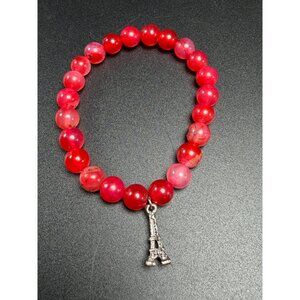 Agate Stretch Bracelet 8mm Beads Stone Crystal 6.5" Dyed Red Eiffel Tower Charm